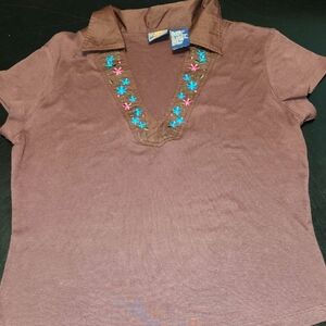Route 66 Brown Embroidered V-Neck Top Sz Xl